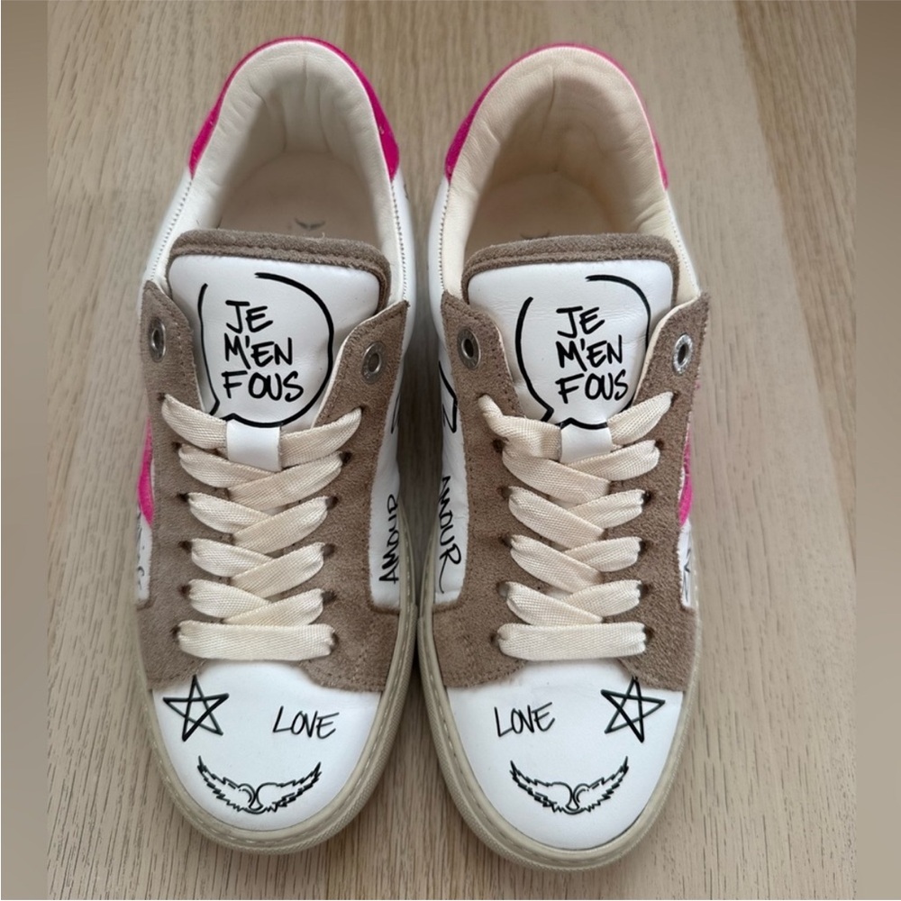 Zadig & Voltaire Graffiti Lightning Sneaker in White & Pink
